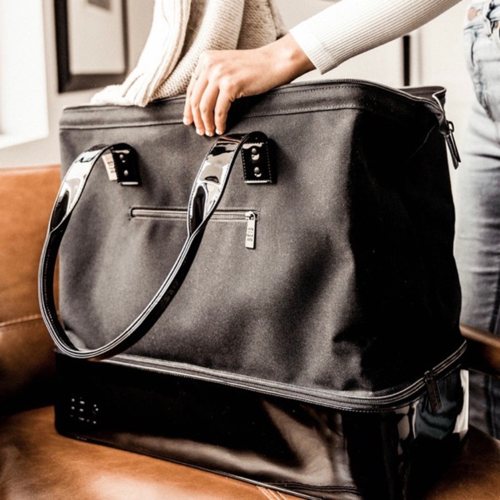 Beis Black Patent Weekender Bag